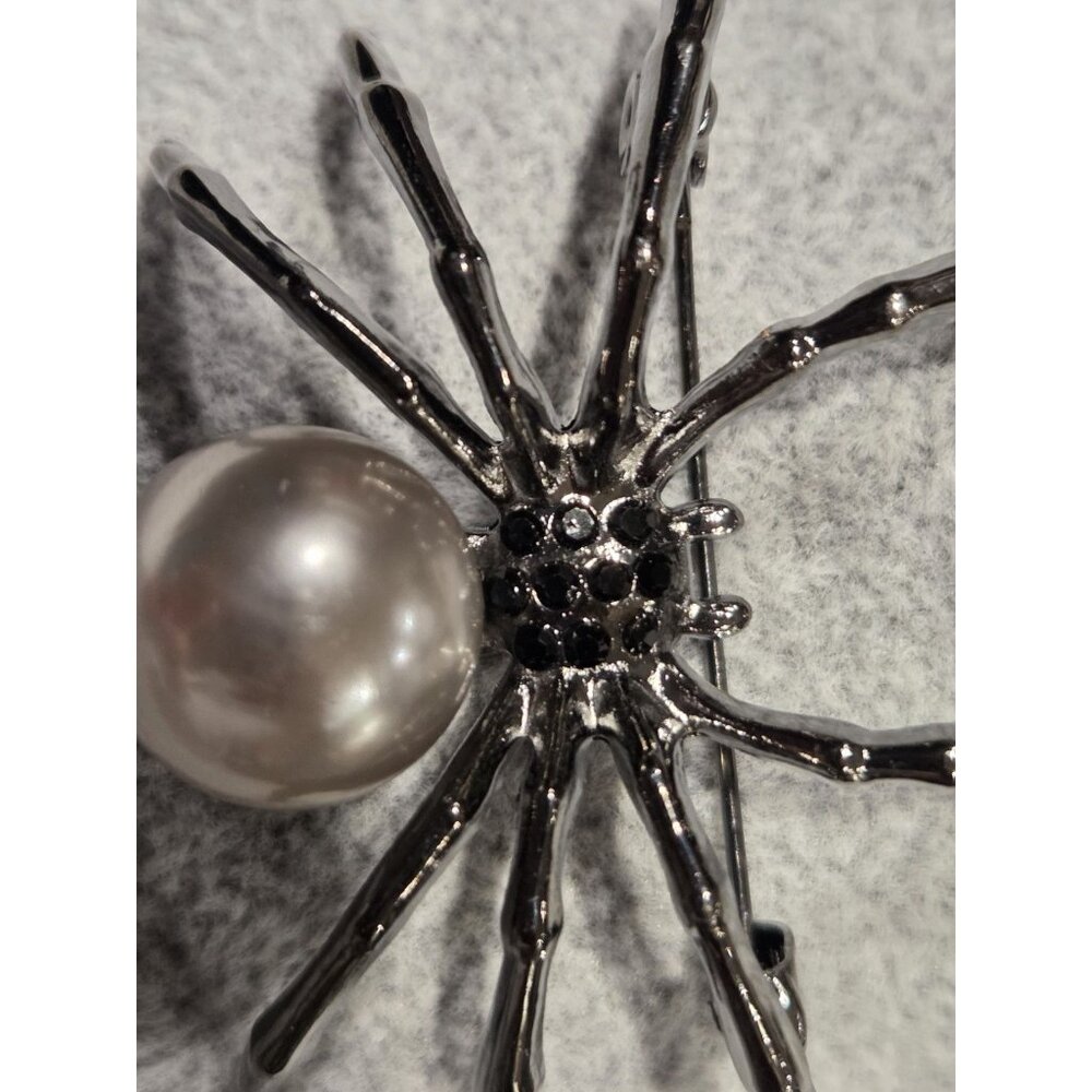 Gunmetal Spider Pendant Brooch Faux Silver Pearl Body & Black Rhinestone 2x1.75" - Picture 8 of 13